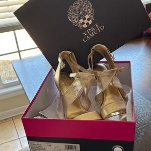 Vince Camuto Metallic Gold Crisscross Ankle-Strap Heels